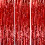 Voircoloria 3 Pack 3.3x8.2 Feet Red Foil Fringe Backdrop Curtains, Tinsel Streamers Birthday Party Decorations, Fringe Backdrop for Graduation, Baby Shower, Gender Reveal, Disco Party