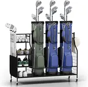Costway Golf Bag Organizer, 3 Golf Bag Stand for Clubs, Balls and Golfing Equipment Accessories with Lockable Wheels and Removable Hooks, Golf Storage Rack Holder for Garage, Basement