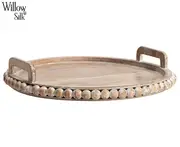 Willow & Silk Handcrafted Mango Wood Beaded Round Tray - Natural/Whitewash