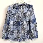 Tommy Hilfiger Popover Top Blouse S Blue Sky Patchwork Long Sleeve Casual NEW