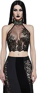 [Dolls Kill] Crescent Moon Blues Mesh Top with Embroidered Floral Details & Lace-Up Back – Sheer Mesh