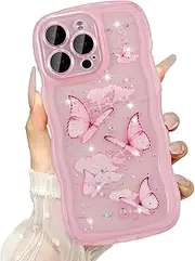 UEEBAI Wave Butterfly Case for iPhone 13 Pro Max Case, Pretty Bling Star Butterfly for Women Cute Shiny Glitter Phone Cover for Girls Bling Clear Cover Curly Shockproof Girly Shell - Pink
