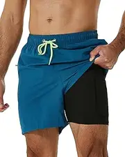 [SILKWORLD] Mens Swimming Trunks with Compression Liner 2 in 1 Quick-Dry Swim Shorts with Zipper Pockets