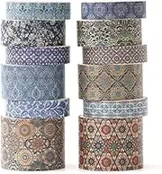 KAVI' S 12 Rolls Exotic Charm Washi Tape Set Floral Arts Adhesive Tapes Geometric Garden Decorative Masking Tape Sets for Craft, Kids, Scrapbook, DIY, Gift Wrapping (Azure Serenity)