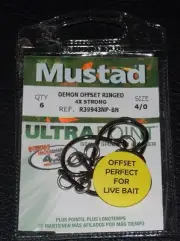 6 Pack Mustad R39943BLN-40 Ultra Point Size 4/0 4X Strong Ringed Circle Hooks