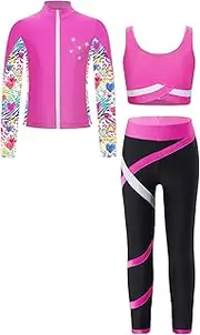 [Loodgao] Kids Girl 3 Piece Figure Ice Skating Outfits Sequins Zipper Jacket Crop Tops with Athletic Leggings Set