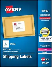 Avery Printable Shipping Labels with Sure Feed, 3-1/3" x 4", White, 1,500 Blank Mailing Labels (95940)
