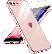 for iPhone-7 Plus iPhone-8 Plus Phone Case: with Tempered Glass Screen Protector [2 Pcs]+ Full Camera Lens Protection, Love Heart Plating Shockproof Case for iPhone 7 Plus/iPhone 8 Plus, Pink