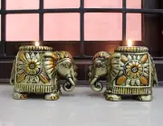 Antique Golden Brown Finish Decorative Elephant Tea Light Candle Holder Set Of 2