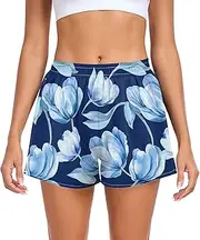 [FRODOTGV] Beauty Tulips Royal Blue Women Athletic Shorts Elastic Waisted Tennis Shorts for Outdoor Indoor Fitness Work Out S