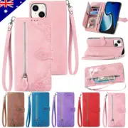 For iPhone 16e 16 15 14 13 12 11 Pro Max 8/7+ Zip Wallet Case Leather Flip Cover