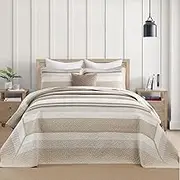 Finlonte Oversized King Bedspread - 100% Cotton Lightweight Striped Bedspreads Coverlet Set | Ultra Soft Modern Reversible Super King Quilt for Bedroom Decor | 3-Piece in Brown/Gray/White