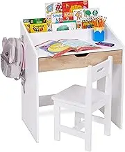 Lil' Jumbl Toddler Wooden Study Desk and Chair Set, Home School Learning Workstation with Writing Table, Storage Drawer, Tabletop Organizer & Hanging Hooks for Children Studying, Reading & Drawing