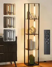 TUXOIUBA LED Floor Lamp with Shelves, Modern Corner Shelf with Light, LED Floor Lamp with Remote for Living Room, Stepless Dimmable Standing Tall Light for Bedroom, Office
