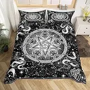 Bull Skull Black White Duvet Cover Set M Size, Sun Moon Starry Sky Bedding Set, Gothic Stars Snake Diamond Comforter Cover Children Girls Boys Room Decor Exotic Boho Quilt Cover