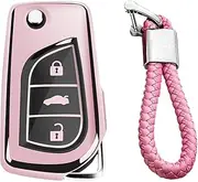 M.JVisun Soft TPU Case Key Fob Cover For Toyota 4Runner Avalon C-HR Camry Corolla Fortuner Highlander Levin RAV4 LE Sequoia Sienna Tacoma Tundra Yaris Car Key Shells - Glossy Pink - Braided Keychain