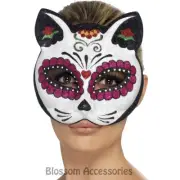 A775 Sugar Skull Cat Glitter Mexican Day Of The Dead Eye Mask Costume Accessory