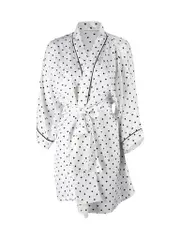 White & Black Silk Polka Dot Belted Evening Coat
