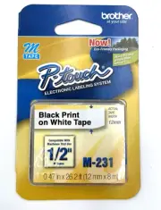 Genuine Brother P-Touch M-K231 M-TAPE 1/2" Black Print On White Tape OEM