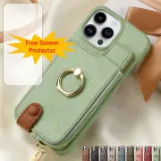For iPhone 16 15 14 13 12 11 Plus Pro Max Flip Zipper Card Wallet Case With Ring