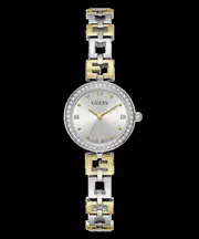 Guess Lady G Polished Silver Tone Case With Crystals Sunray Silver Dial And Polished Silver And Gold Tone Logo Bracelet With Adjustable G Links GW0656L1