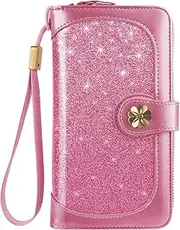 [COCO ROSSI] Wallets for Women Multi Card Holder Wallet Clutch Wallet Card Holder Organizer Ladies Purse with Wrist strap Purse, Peach Glitter, long purse, Casual