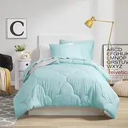 Comfort Spaces Vince Reversible Bed in A Bag - Trendy Casual Geometric Quilted Cover, All Season Down Alternative Cozy Bedding, Matching Sham, Twin XL, Reversible Aqua/Gray 6 Piece