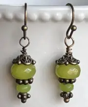 Little Etched Bronze and Apple Green Peridot Abacus Bead Dangle Earrings.