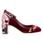 Dolce & Gabbana Velvet Ankle Straps Hearts Court Shoes Vally L'Amore Red Pink
