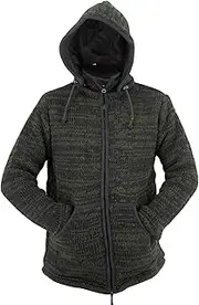 [Woolmandu] Wool Zipper Fleeced Lined Hoodie - Nepal Woolen Men Adjustable Hooded Tie Dye Sweater Pullover Winter Jacket, Army Color