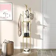 Medla Metal Coat Stand: Heavy Duty Coat Stand Hall Tree Free Standing Coat Rack Stand with Marble Base Clothes Stand with 3 Shelves 9 Hooks Coat Tree for Hats Bags Clothes in Entrance Hallway Bedroom