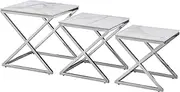 Bella Set of 3 Side Tables (White Marble, Polished Steel Silver)