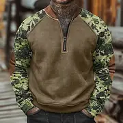 Men's Sweatshirt Quarter Zip Sweatshirt Army Green Green Khaki Camouflage Green Half Zip Color Block Camo / Camouflage Half Zip Print Casual Daily Holiday Poly