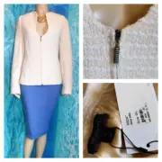 New St John Knits White Cream Jacket M 8 10 Blazer Zip Shimmer Fully Lined