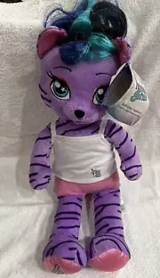 Build A Bear Honey Girls Teegan Purple Tiger Cat Plush Doll 21” w/ White Shirt