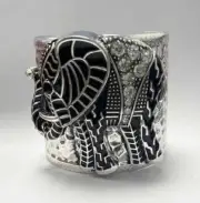 SILVER CUFF BANGLE ELEPHANT BLACK STONES ( 3934 )