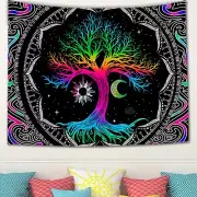 Trippy Tree of Life Sun and Moon Wall Tapestry, 51"x 60", Boho Galaxy Space