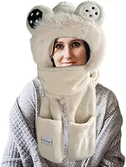 [ZALHIN] Winter Warm Hooded Scarf,Bear Warm Winter Scarf with Hat and Mitts - Wind-Proof Ear Protection Cold Weather Wear Beanie Hat Scarf for Skating, Walking, Riding