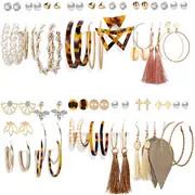 Nevenka 36 Pairs Fashion Tassel Earrings Set Bohemian Hoop Stud Drop Dangle Earrings Leather Leaf Earrings-A set