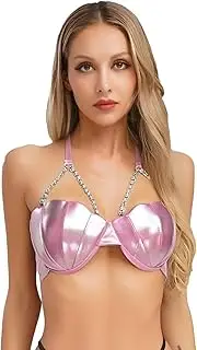 [winying] Women Shiny Shell Bikini Bra Top Halter Neck Pearl Chains Adjustable Straps Open Back Corset