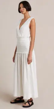 BEC & BRIDGE Ivory White COTTON Shirred Dress Maxi 'Aleah' sz 8 NEW