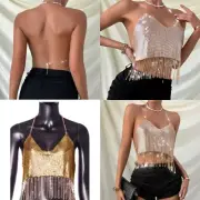 Women Sexy Chain Sleeveless Backless Vest Sequined Crop Top Clubwear