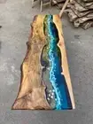 Epoxy Dining Table, Custom 30” x 12” Walnut Blue, Turquoise Epoxy Console Tables