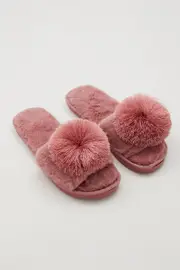 Pink Plush Pom Pom Detail Mule Slippers - Size S, Women's Shoes