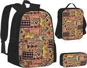 [ERCgad] African Textile Patchwork Print Canvas 3-In-1 School Bags Set Backpack Lunch Bag Pencil Case Combo For Men Women, Black, One Size
