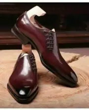 Mens Handmade Boots Maroon Leather Oxford Pointed Toe Lace Up Formal Dress Shoes