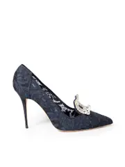 Navy Lace Crystal Buckle Pumps