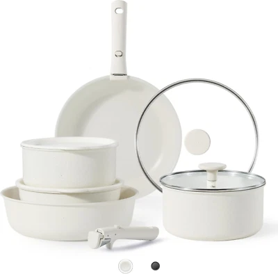 Pots Pans Set Non Stick Cookware 11 Pcs Versatile Detachable Handle Cream White