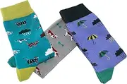 [Doris & Dude] Women Ladies Bamboo Organic Crew Socks 3 Pair Gift Pack Med 3-7 Raining Cats and Dogs Colourful Soft Durable Sustainable Smooth Toe Breathable, Multicoloured, 3-7