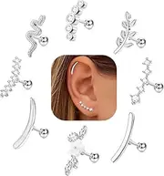 [Sanfenly] 8 PCS Helix Piercing Jewelry Cartilage Earrings For Women Opal CZ Conch Earrings Labret Jewelry Flower Snake Leaf Daith Piercing Jewelry Set